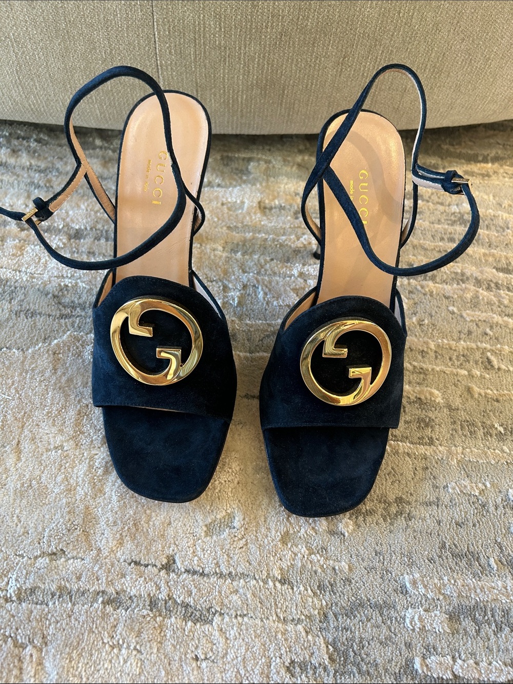 Gucci Blue Suede Slingback Heels with Gold Logo Medallions